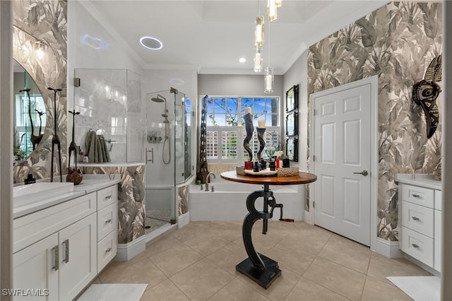 12501 Walden Run Dr, Fort Myers, FL 33913 - bathroom featuring a shower stall, a garden tub, crown molding, vanity, and tile patterned floors