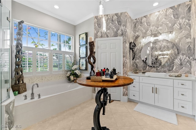 12501 Walden Run Dr, Fort Myers, FL 33913 - full bath with a garden tub, crown molding, tile patterned flooring, vanity, and recessed lighting