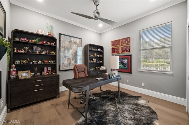 12501 Walden Run Dr, Fort Myers, FL 33913 - home office featuring ceiling fan, wood finished floors, ornamental molding, baseboards, and recessed lighting