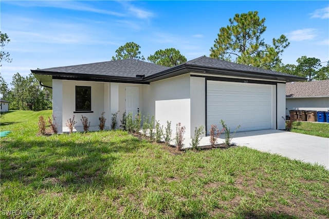 2917 50th St W, Lehigh Acres, FL 33971 - view of front of home featuring concrete driveway, a garage, stucco siding, a front lawn, and a shingled roof