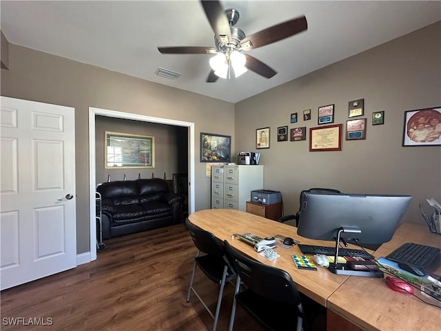4219 Tequesta Dr, Estero, FL 33928 - office space featuring a ceiling fan and dark wood-type flooring