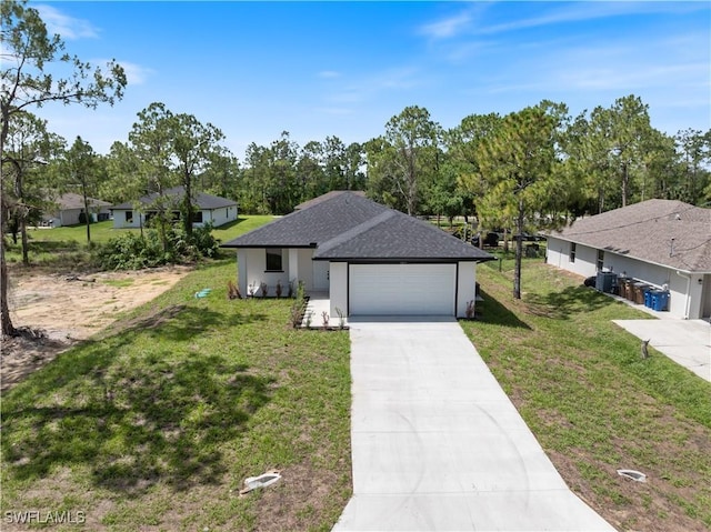 2907 55th St W, Lehigh Acres, FL 33971 - ranch-style home featuring concrete driveway, a garage, a front yard, and a shingled roof
