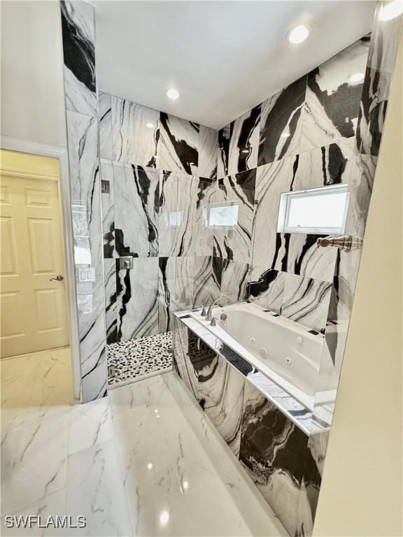 25560 Springtide Ct, Bonita Springs, FL 34135 - bathroom featuring a whirlpool tub, a marble finish shower, marble tiled floors, and recessed lighting