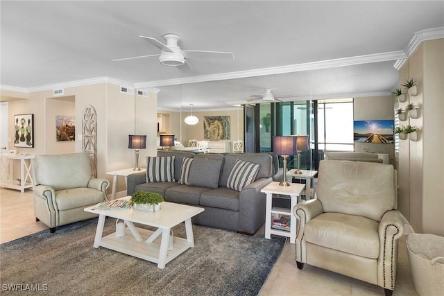 6672 Estero Blvd Unit A207, Fort Myers Beach, FL 33931 - living room with a ceiling fan, tile patterned flooring, and crown molding