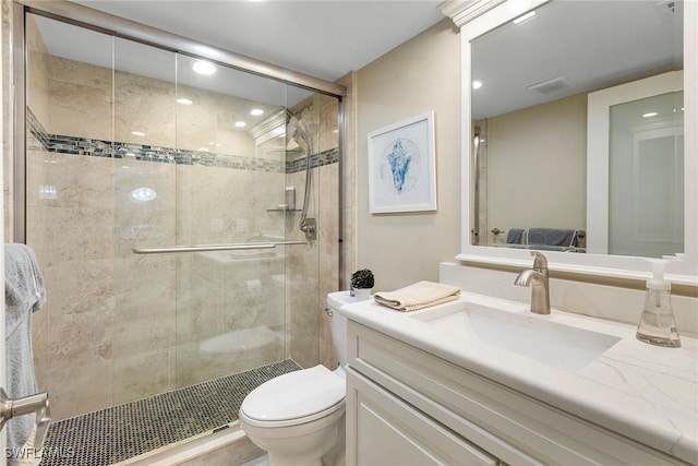 6672 Estero Blvd Unit A207, Fort Myers Beach, FL 33931 - bathroom with toilet, a stall shower, vanity, and recessed lighting
