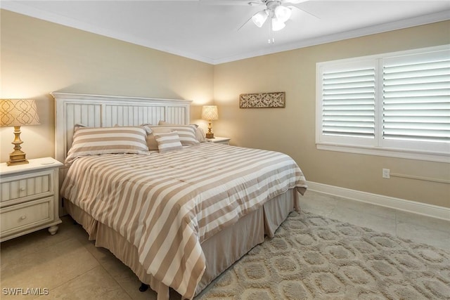 6672 Estero Blvd Unit A207, Fort Myers Beach, FL 33931 - bedroom with light tile patterned floors, ornamental molding, baseboards, and ceiling fan