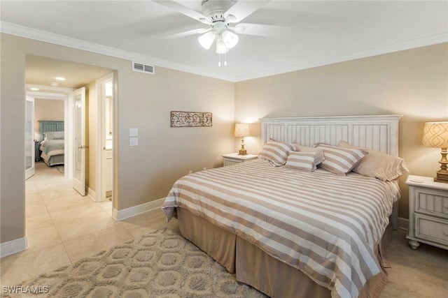 6672 Estero Blvd Unit A207, Fort Myers Beach, FL 33931 - bedroom with baseboards, light tile patterned floors, crown molding, and ceiling fan