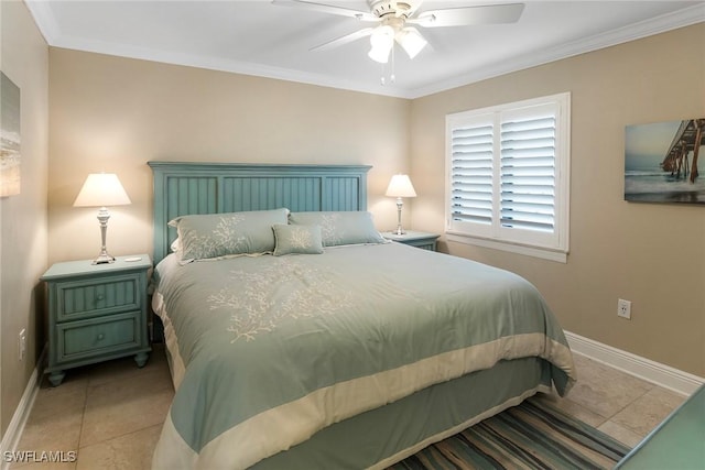 6672 Estero Blvd Unit A207, Fort Myers Beach, FL 33931 - tiled bedroom featuring baseboards, ornamental molding, and ceiling fan