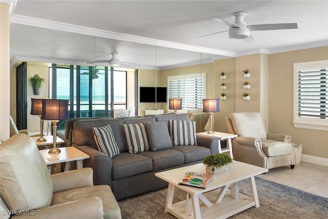6672 Estero Blvd Unit A207, Fort Myers Beach, FL 33931 - living area featuring ceiling fan, crown molding, and baseboards