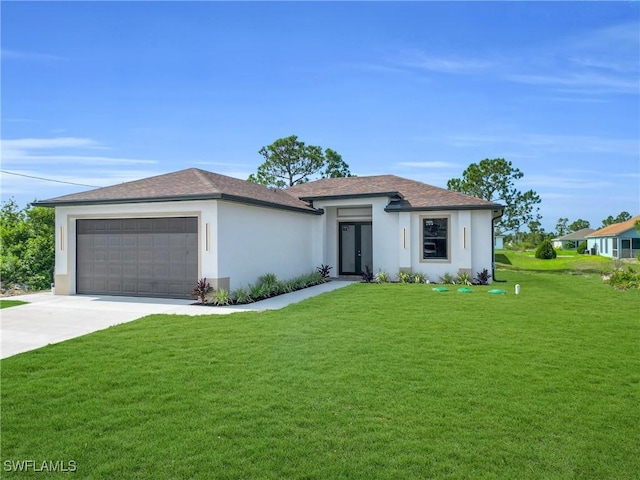 290731 St St W, Lehigh Acres, FL 33971 - prairie-style home featuring stucco siding, a garage, a front lawn, concrete driveway, and french doors