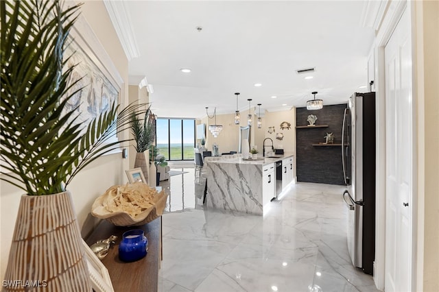 5793 Cape Harbour Dr Unit 1119, Cape Coral, FL 33914 - corridor featuring a sink, ornamental molding, light marble finish floors, and recessed lighting