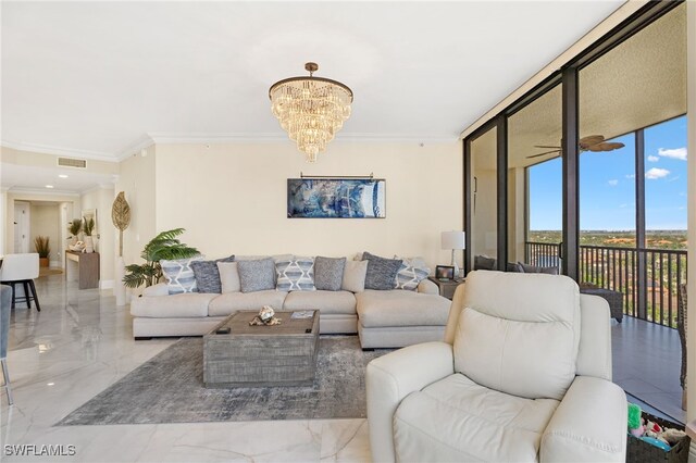 5793 Cape Harbour Dr Unit 1119, Cape Coral, FL 33914 - living room featuring crown molding, a chandelier, and marble tiled flooring