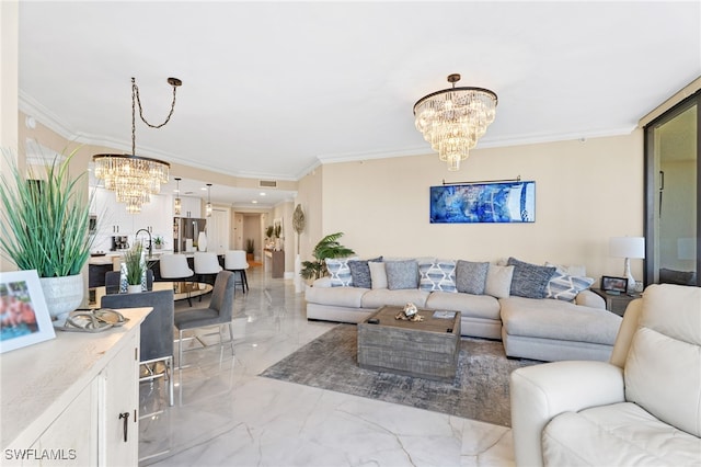 5793 Cape Harbour Dr Unit 1119, Cape Coral, FL 33914 - living area with a chandelier, crown molding, and light marble finish flooring