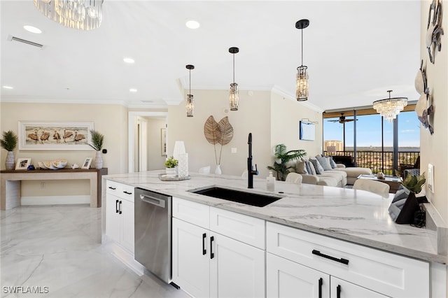 5793 Cape Harbour Dr Unit 1119, Cape Coral, FL 33914 - kitchen featuring stainless steel dishwasher, a sink, ornamental molding, light marble finish flooring, and decorative light fixtures
