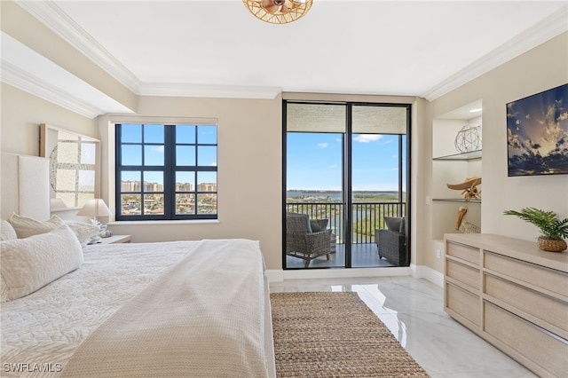 5793 Cape Harbour Dr Unit 1119, Cape Coral, FL 33914 - bedroom featuring light marble finish floors, access to exterior, and ornamental molding