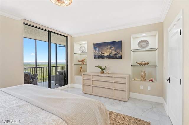 5793 Cape Harbour Dr Unit 1119, Cape Coral, FL 33914 - bedroom with light marble finish floors, access to outside, crown molding, and baseboards