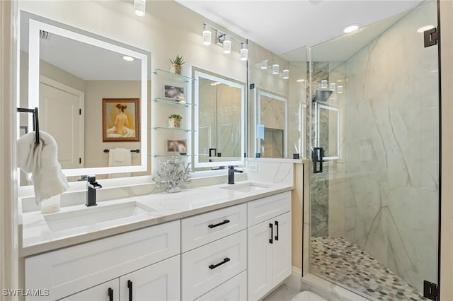 5793 Cape Harbour Dr Unit 1119, Cape Coral, FL 33914 - full bath featuring a marble finish shower, double vanity, and recessed lighting