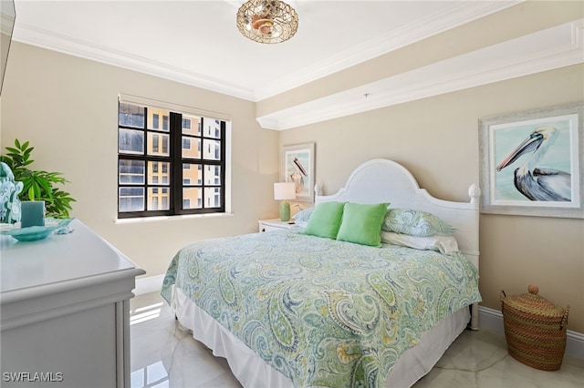 5793 Cape Harbour Dr Unit 1119, Cape Coral, FL 33914 - bedroom featuring ornamental molding, baseboards, and light tile patterned flooring