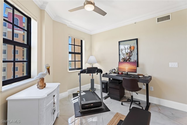 5793 Cape Harbour Dr Unit 1119, Cape Coral, FL 33914 - office space featuring light marble finish flooring, ornamental molding, baseboards, ceiling fan, and healthy amount of natural light