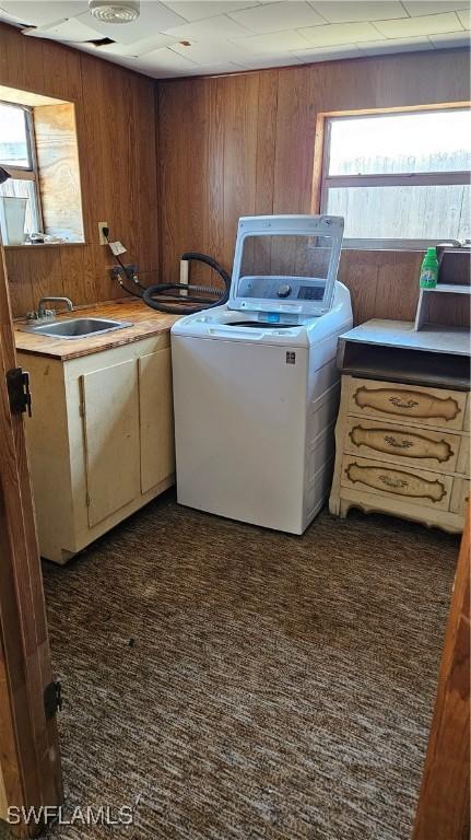 27625 Michigan St, Bonita Springs, FL 34135 - washroom featuring washer / clothes dryer, wood walls, dark colored carpet, and cabinet space