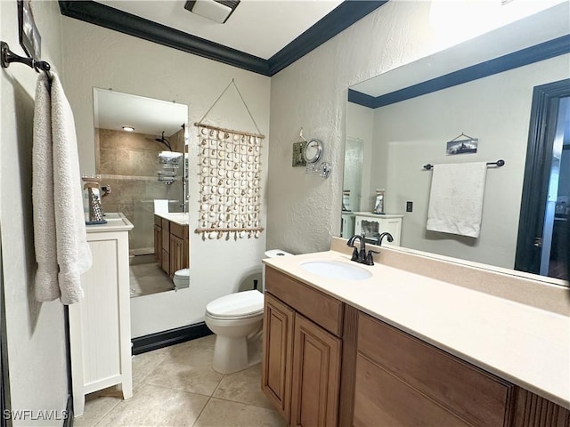 352 Paisley Ave, Lehigh Acres, FL 33974 - full bathroom featuring vanity, tiled shower, a textured wall, tile patterned floors, and crown molding