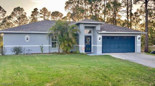 352 Paisley Ave, Lehigh Acres, FL 33974 - ranch-style house with stucco siding, a shingled roof, a front lawn, and an attached garage