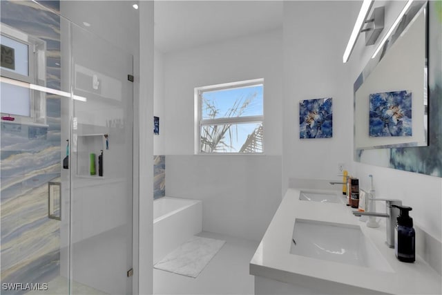 518 Avenida Primiceria, Marathon, FL 33050 - bathroom featuring a stall shower, a garden tub, and double vanity