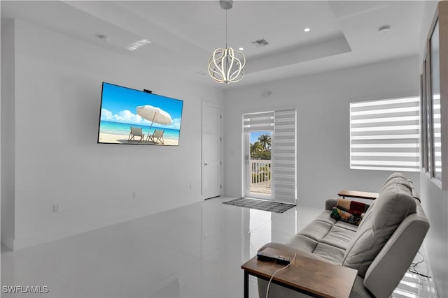 518 Avenida Primiceria, Marathon, FL 33050 - tiled living room featuring a chandelier, recessed lighting, and a raised ceiling