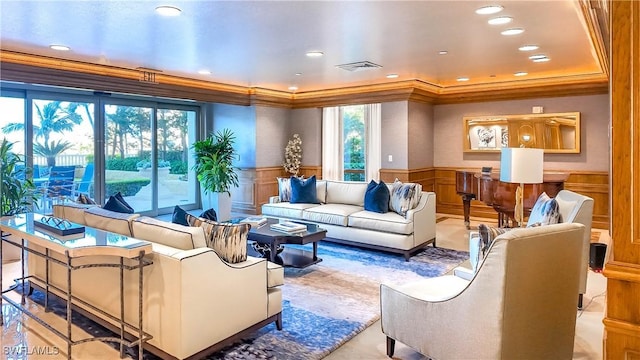 4021 Gulf Shore Blvd N Unit 1704, Naples, FL 34103 - living room featuring wainscoting, crown molding, and recessed lighting