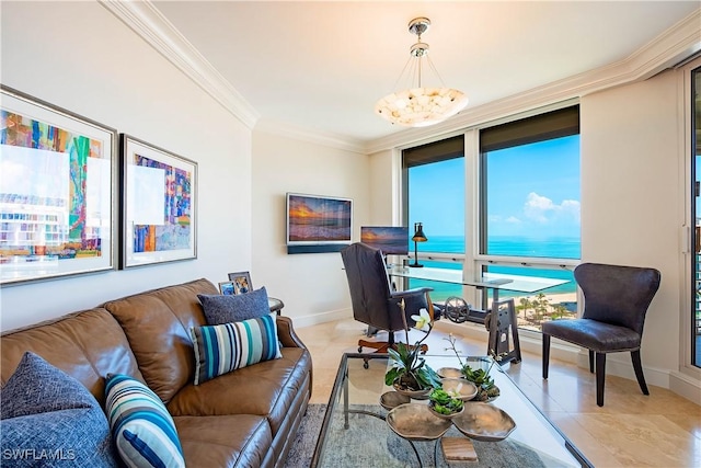 4021 Gulf Shore Blvd N Unit 1704, Naples, FL 34103 - living area with crown molding, a chandelier, light tile patterned flooring, and baseboards