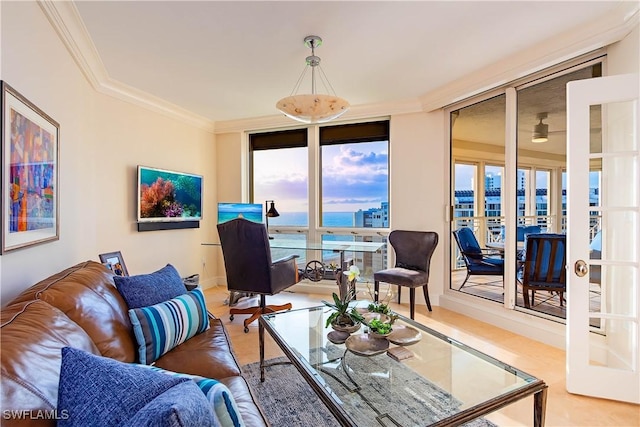 4021 Gulf Shore Blvd N Unit 1704, Naples, FL 34103 - living room featuring french doors, ornamental molding, and baseboards