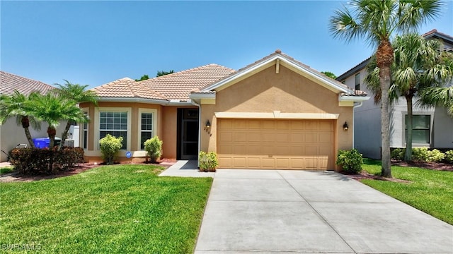 2842 Via Piazza Loop, Fort Myers, FL 33905 - view of front of house featuring a garage, stucco siding, a front lawn, concrete driveway, and a tile roof