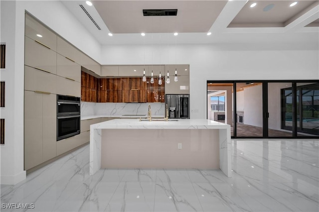 13 NW 14th Ave, Cape Coral, FL 33993 - kitchen with modern cabinets, stainless steel refrigerator with ice dispenser, multiple ovens, light marble finish floors, and recessed lighting