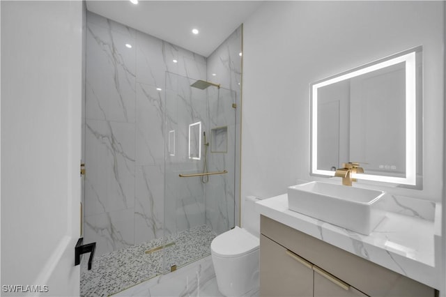 13 NW 14th Ave, Cape Coral, FL 33993 - bathroom with toilet, marble finish floors, a marble finish shower, and recessed lighting