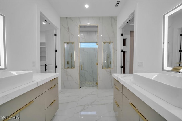 13 NW 14th Ave, Cape Coral, FL 33993 - full bathroom featuring a marble finish shower, vanity, marble tiled floors, and recessed lighting