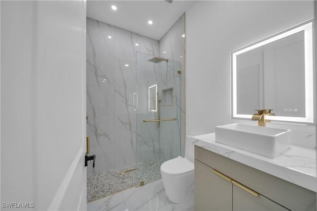 13 NW 14th Ave, Cape Coral, FL 33993 - bathroom with toilet, a marble finish shower, recessed lighting, marble finish flooring, and vanity