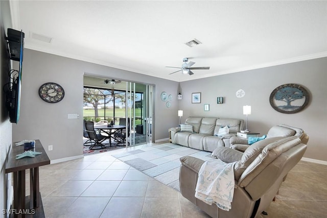 3147 Walnut Grove Ln, Alva, FL 33920 - living room with a ceiling fan, light tile patterned floors, crown molding, and baseboards