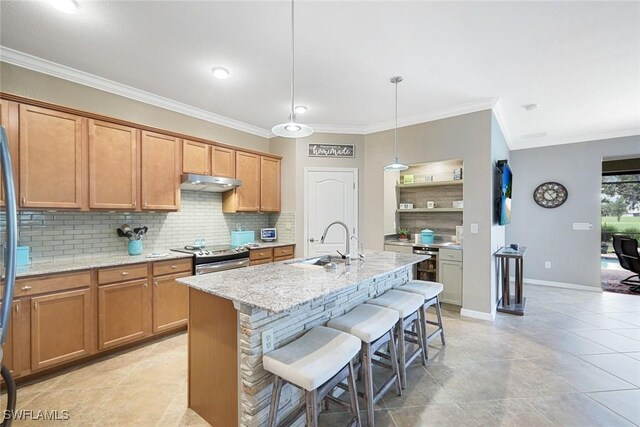 3147 Walnut Grove Ln, Alva, FL 33920 - kitchen featuring a sink, stainless steel electric range, under cabinet range hood, tasteful backsplash, and a kitchen bar