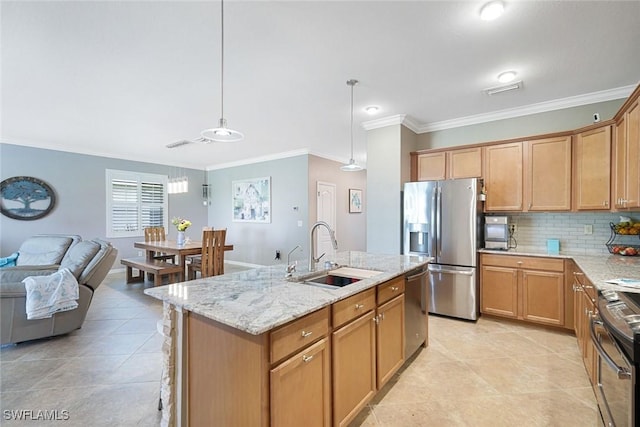 3147 Walnut Grove Ln, Alva, FL 33920 - kitchen featuring a sink, appliances with stainless steel finishes, crown molding, decorative backsplash, and open floor plan