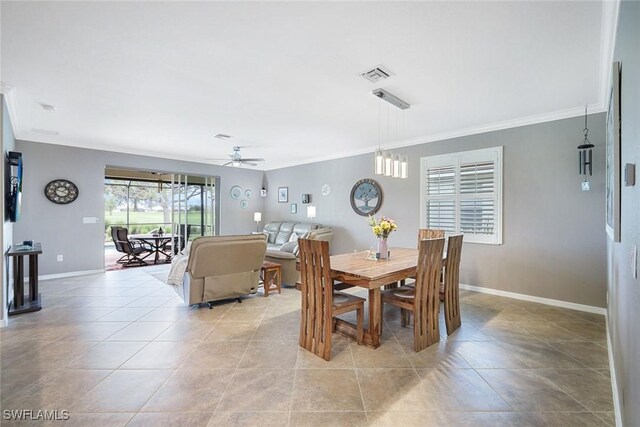 3147 Walnut Grove Ln, Alva, FL 33920 - dining space featuring ceiling fan, ornamental molding, baseboards, and light tile patterned flooring