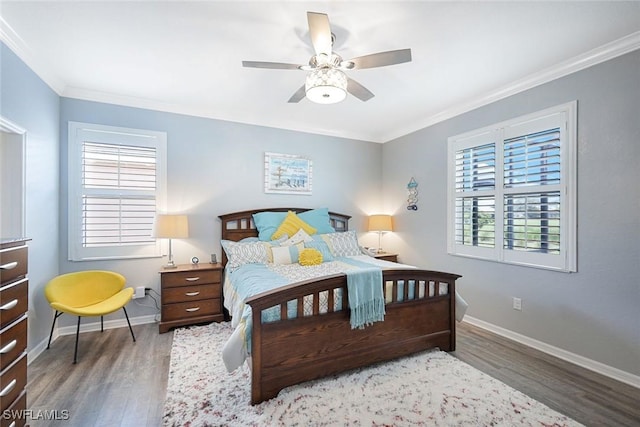 3147 Walnut Grove Ln, Alva, FL 33920 - bedroom featuring wood finished floors, multiple windows, baseboards, crown molding, and a ceiling fan