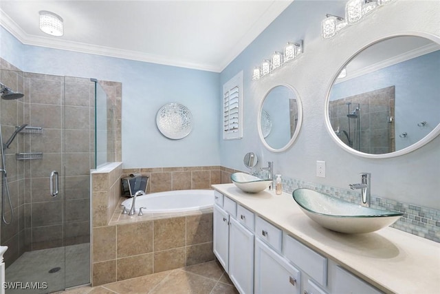 3147 Walnut Grove Ln, Alva, FL 33920 - bathroom with ornamental molding, a bath, double vanity, a shower stall, and tile patterned flooring