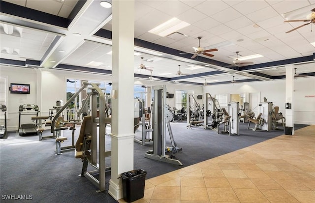 3147 Walnut Grove Ln, Alva, FL 33920 - exercise room featuring carpet floors, ceiling fan, coffered ceiling, beam ceiling, and tile patterned floors