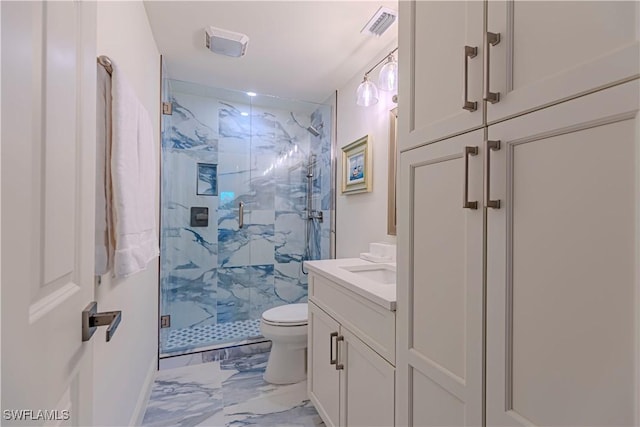 2100 Gulf Shore Blvd N Unit 118, Naples, FL 34102 - bathroom featuring marble look tile flooring, a marble finish shower, toilet, vanity, and baseboards