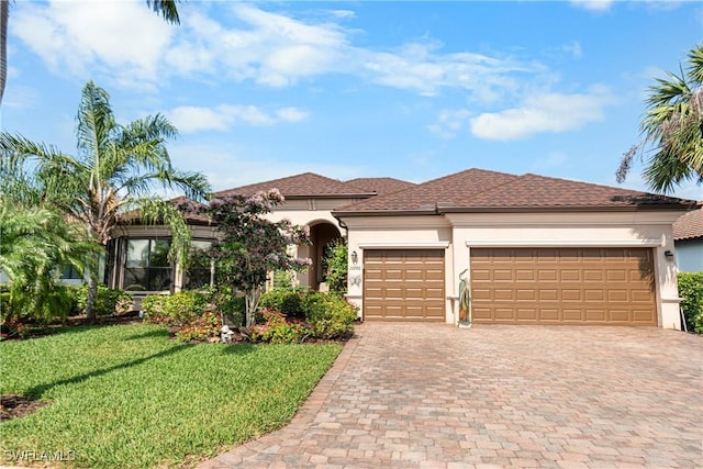 10986 Longwing Dr, Fort Myers, FL 33912 - mediterranean / spanish home with stucco siding, decorative driveway, an attached garage, and a front yard