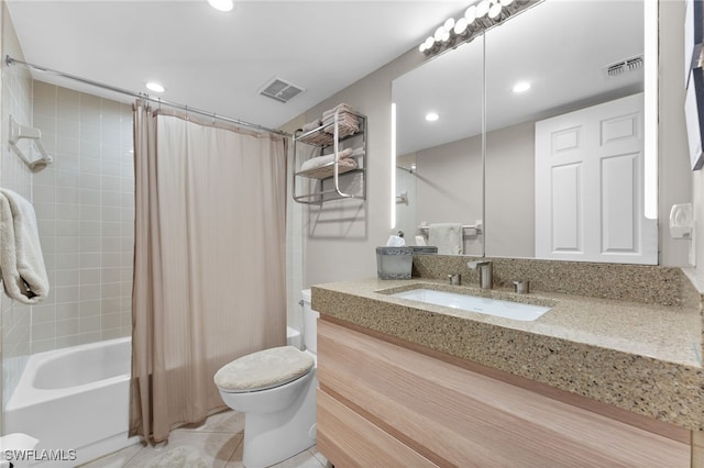 3001 Sandpiper Bay Cir Unit B103, Naples, FL 34112 - bathroom with shower / bath combination with curtain, toilet, tile patterned flooring, recessed lighting, and vanity