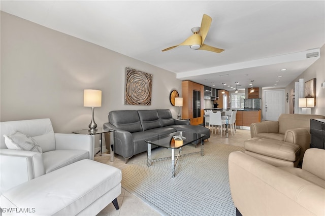 3001 Sandpiper Bay Cir Unit B103, Naples, FL 34112 - living room with a ceiling fan, light tile patterned floors, and recessed lighting