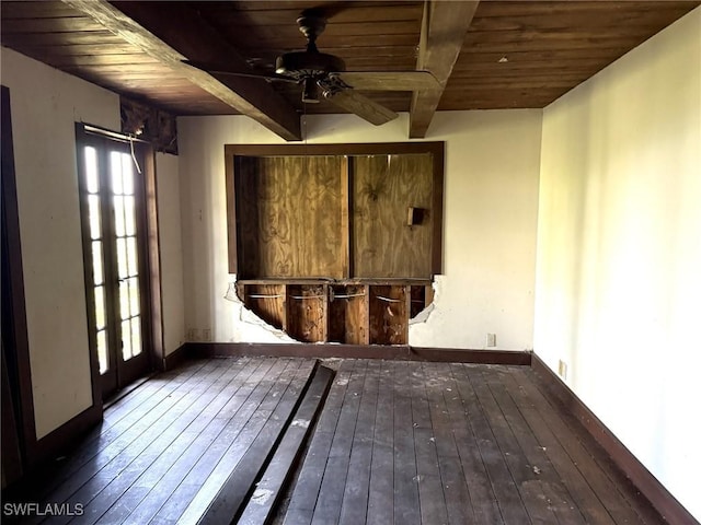 310 Pieces Of Eight, Captiva, FL 33924 - unfurnished room featuring wooden ceiling with exposed beams, a ceiling fan, wood-type flooring, and baseboards