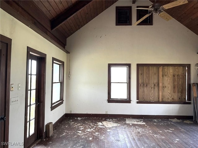 310 Pieces Of Eight, Captiva, FL 33924 - spare room featuring wood ceiling with exposed beams, high vaulted ceiling, a ceiling fan, hardwood / wood-style flooring, and baseboards