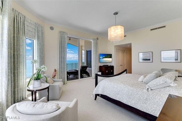 970 Cape Marco Dr Unit 2105, Marco Island, FL 34145 - bedroom featuring ornamental molding, access to outside, carpet flooring, and a chandelier